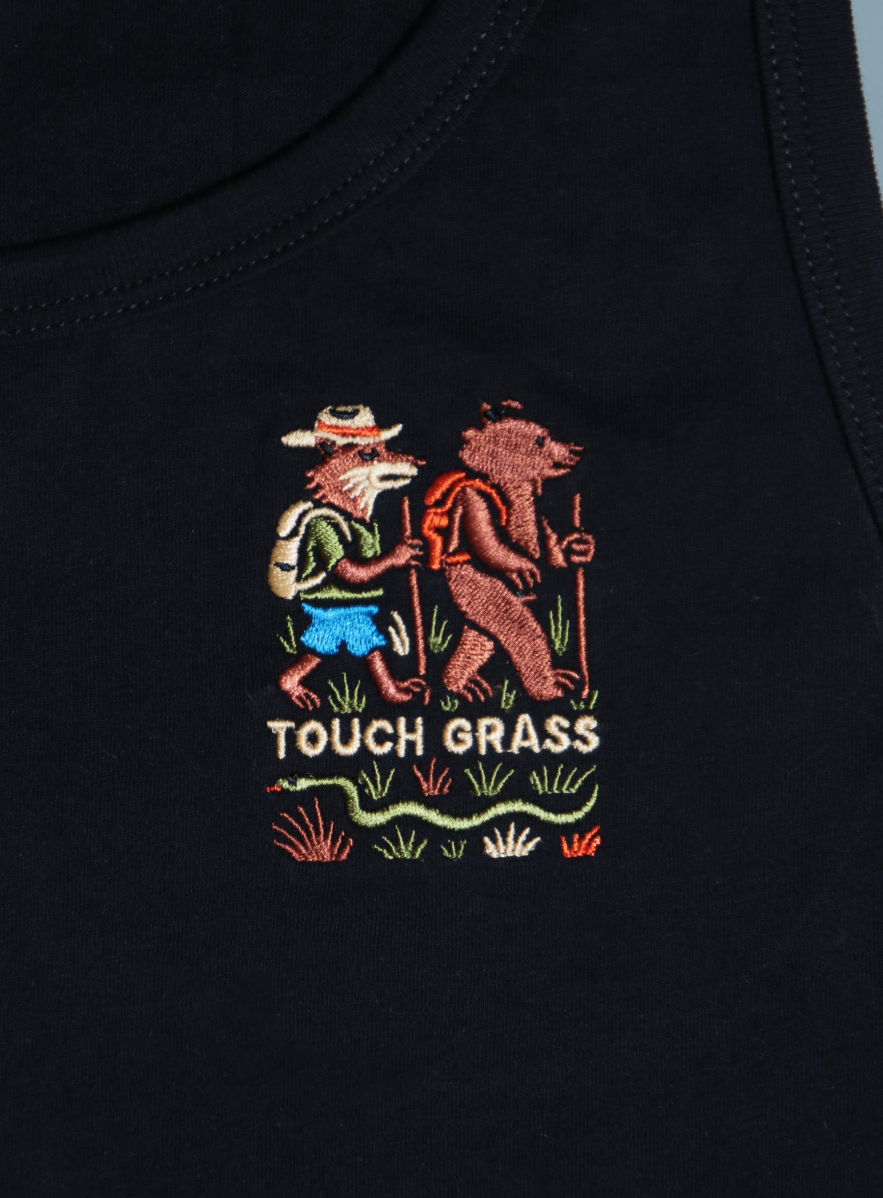 Tank Top - Black - Touch Grass Embroidery